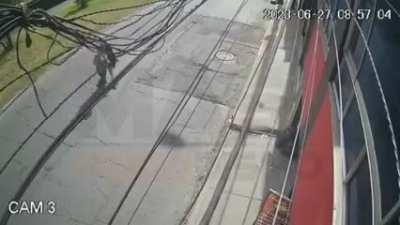 Motorcyclist and pedestrians collide