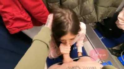 Blowjob with cum in mouth in a fitting room