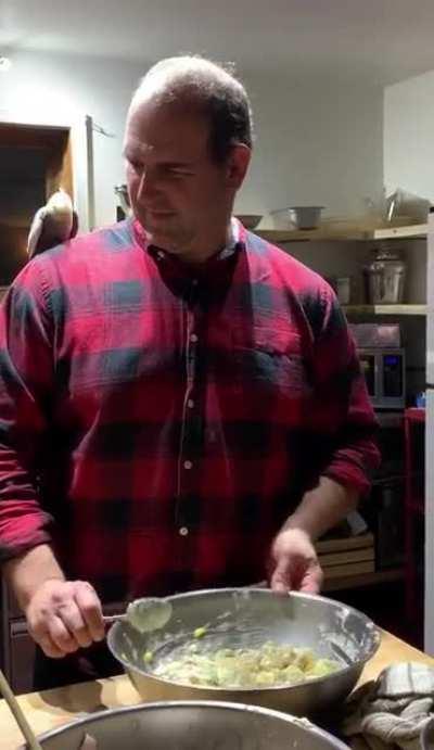 Helping make potato salad