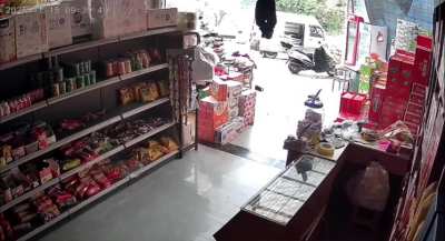 This kid didn’t consider the consequence of holding onto the rolling shutter door.