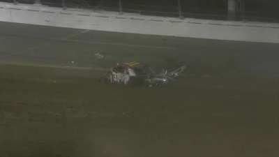 Front and rear end of the car completely desintegrated, both axles and fuel cell left dangling, wheels and engine ripped off and thrown away into the distance. The driver walked away unscathed.