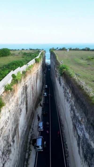 The Pandawa Beach Road viewpoint in Bali, Indonesia was created in 2011 as part of a project to improve access to Pandawa Beach. It was funded by the Indonesian government and several private investors, and construction took two years to complete.