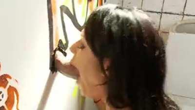 Glory Hole Kerry Louise showing off her big fake tits at gloryhole