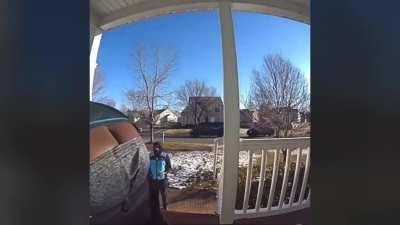 Coach delivers a package, moons the camera, and then dies.