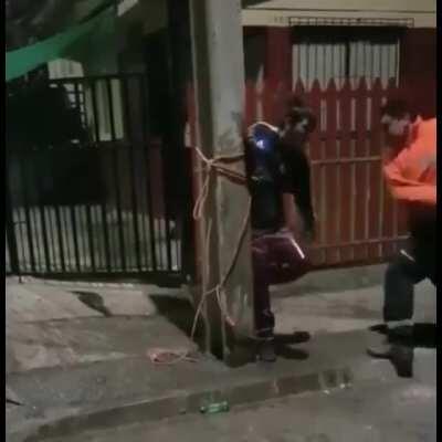 Robber gets tied and beaten up by the owner after getting caught