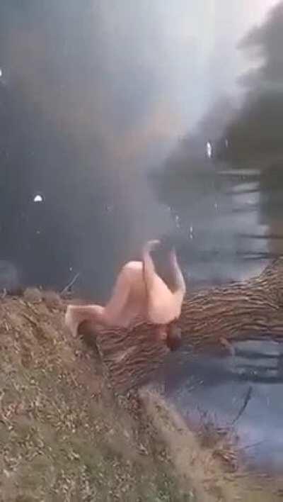 Back flipping naked into a frozen lake