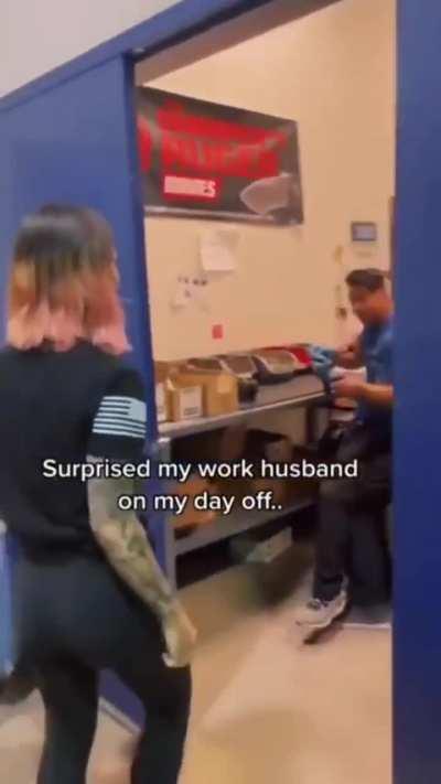 Wife happy to see beloved hubby at his workplace.