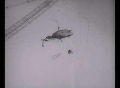 An Mi-8 Helicopter crashing over the core of the Chernobyl reactor on October, 1986