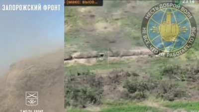 RU pov: Russian drone footage along with Ukrainian POV footage of them entering a mined trench near Pyatikhatki, Zaporyzhe region. Footage was obtained from the phone of the KIA Ukrainian soldier.