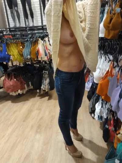 Dare to go shopping in a poncho sweater with nothing under [F]