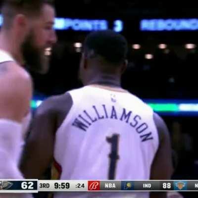 [Highlight] Zion Williamson attacks the rim as he bumps into and gets fouled by Isaiah Stewart but remains in full control as he finishes the layup through contact