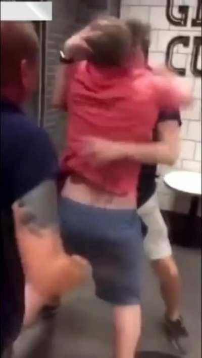 Hilarious public freakout when older men try to beat up teenager in McDonalds