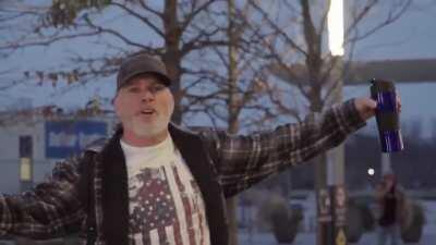 Exclusive footage of Richard Barnett early Wednesday morning before he broke into the US Capitol and posed for photos at House Speaker Nancy Pelosi's desk.