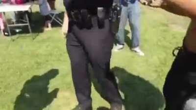 Officer Bubblez keeps the peace at the Defend the LAPD rally.