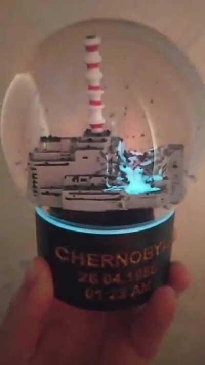 Chernobyl snow globe, sale on Etsy.