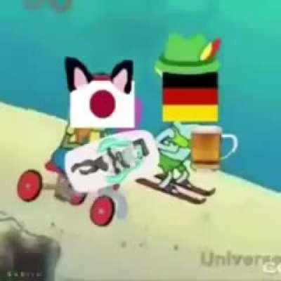 2 spongebob characters skiing and then changing after being affected by something