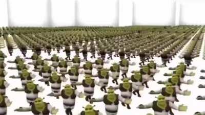An army of Shrek's dancing to shake your groove thing from Shrek forever after