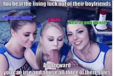 One day, a group of jocks tried picking on you, so you beat the shit out of them. Their girlfriends saw, and you couldn’t help but notice how giddy and aroused they seemed. Walking up to you, they each slipped you their number. One even whispered in your 