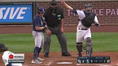 [Highlight] Tom Murphy and JP Crawford have the most perfectly placed throw and tag to catch Joey Wendle stealing second.