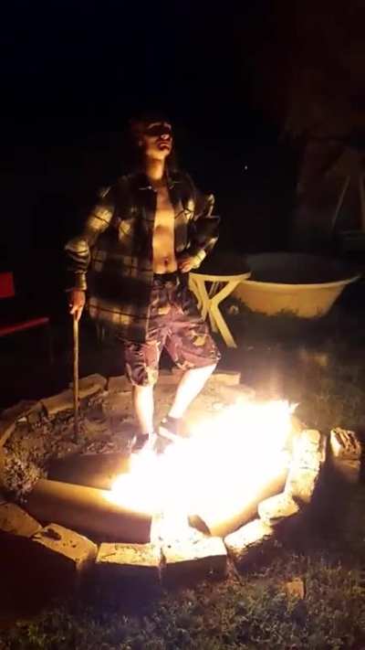 My friend walking in to fire