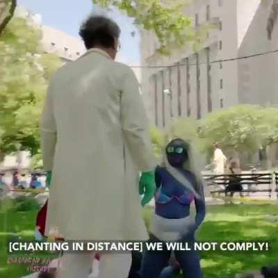 Smurfette visiting covidiots at their protest