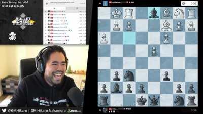 Eric Hansen blunders his Queen against Hikaru on move 9 in the Bullet Chess Championship