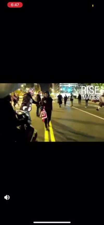 Antifa/BLM woman steals mans American flag, pulls out a knife on the guys trying to get it back, then gets knocked the fuck out with a helmet.