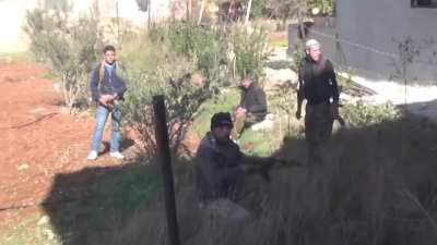 Incoming Syrian Army tank shell disrupts the movements & activities of a group of early-war FSA fighters - Tafas City - 11/28/2012