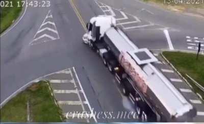 Car gets obliterated by a tanker and a bus