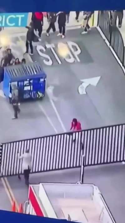 Ramming a dumpster into a barricade.