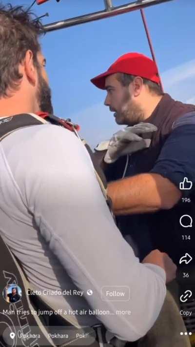 Main character tries to jump out of a hot air balloon