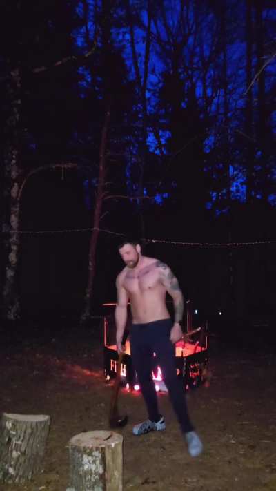 Splitting wood for the campfire.