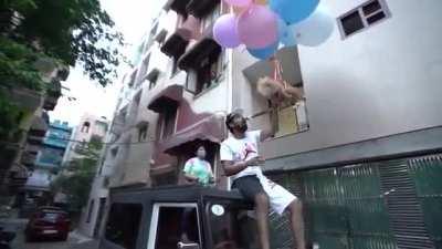 A Youtuber made his pet dog float up in the air by tying hydrogen balloons on its back.......