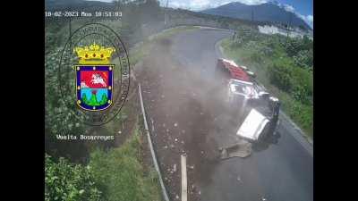 Truck flips on its side