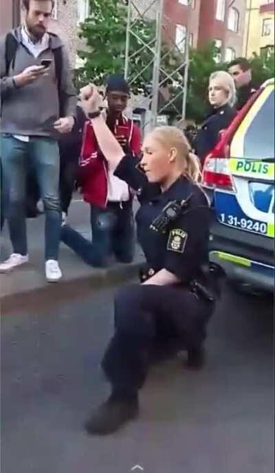 A police officer in Stockholm, Sweden today during the BLM protest