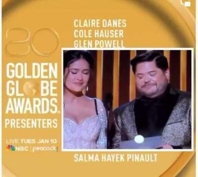 Salma Hayek rolling her eyes at the Golden Globes fawning of Brad Pitt
