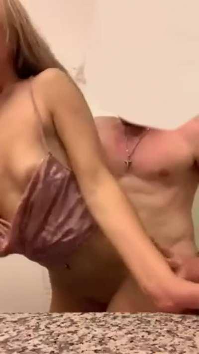 Hot blonde watching herself in mirror while fucked in standing doggy and hairpulled