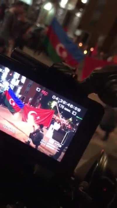 Armenian-style commemorating of victims: Karabakh Armenians gathered today in central square of Khankendi/Stepanakert to burn down the Turkish and Azerbaijani flags while screaming 