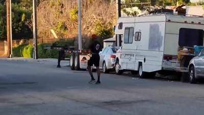 Dude attacks cameraman and quickly finds out.