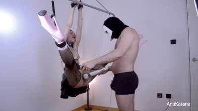 Getting forced to cum in suspended latex bondage