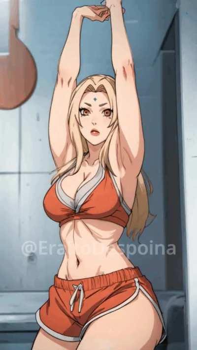 Tsunade shaking her hips in a red dolphin shorts!! Tell me what other characters i should do