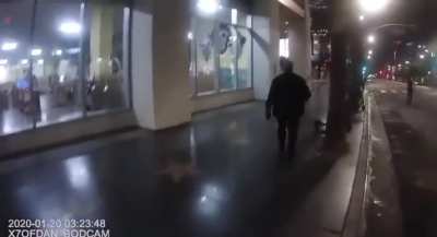 Security guard threatens and pepper sprays man in Los Angeles.