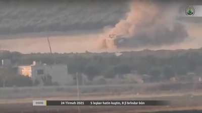 Turkish Kirpi MRAP is hit by an ATGM in Al-Bab, Syria. 24th July, 2021.