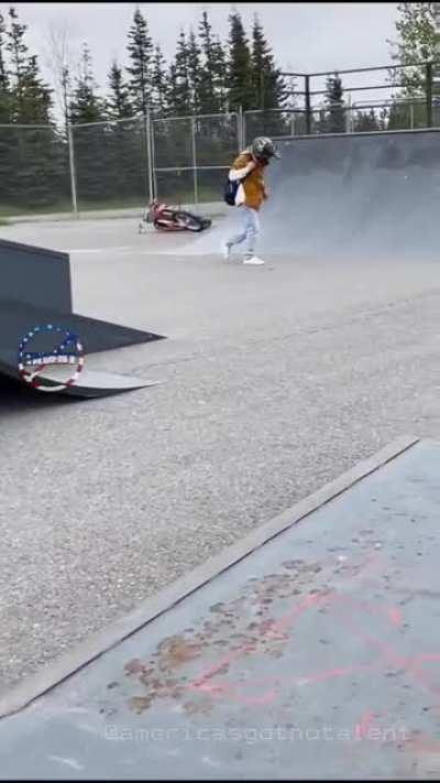 Riding a motorcycle in a skateboard park