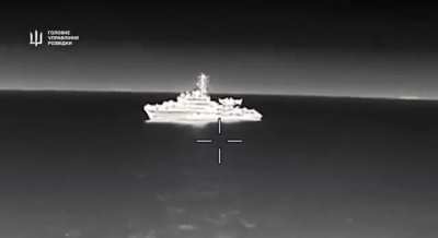 Ukrainian drone hits the top of a MPSV07-class ship of the Russian Black Sea Fleet near Novorossiysk (published September 11, 2025)