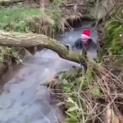 Jumping over the river.