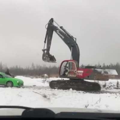 Dudes car gets crushed because they tried beating up the excavator operator