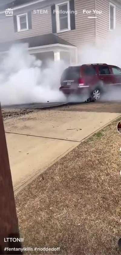 Nodded off in the drive way with the foot on the accelerator