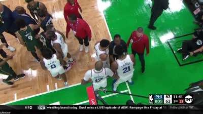 [Highlight] Weird stuff going on between Embiid, Smart and Jaylen Brown on the court