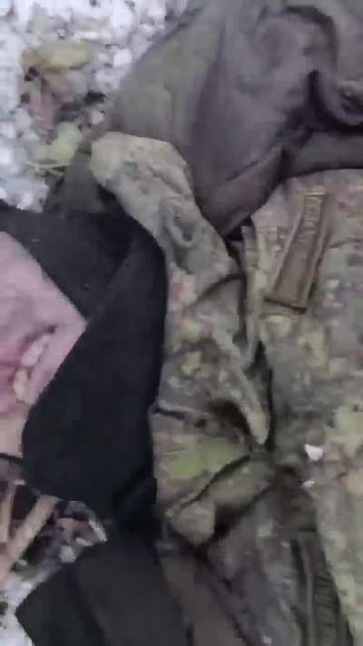 Russian soldiers examine the torn bodies of their comrades after an FPV drone attack on their position in Donetsk Oblast. Part 1